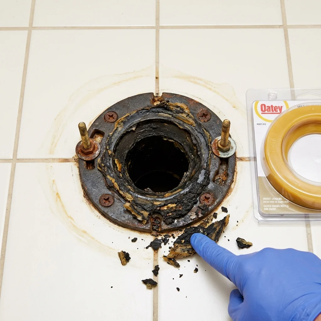Failed wax ring showing water seepage at the base of a toilet in a Washington, VA home